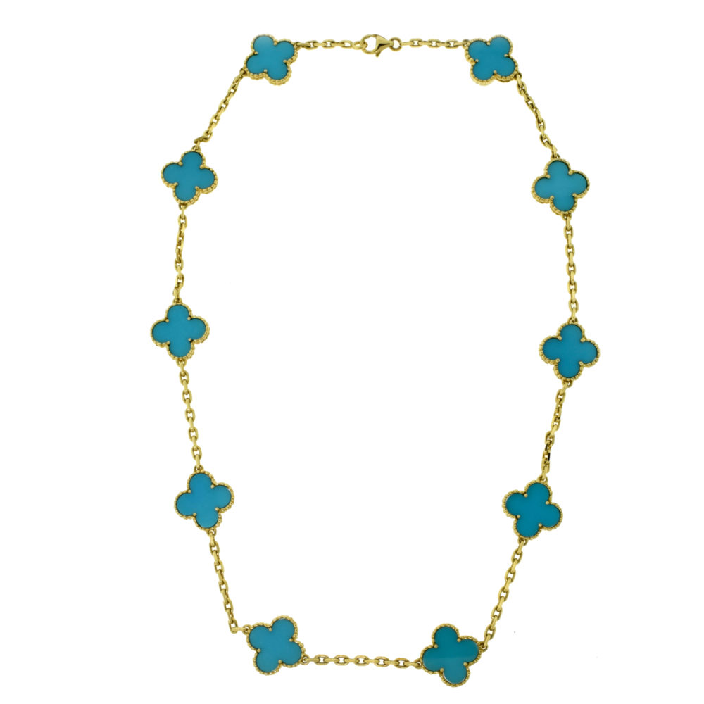Van Cleef & Arpels 18K YG 10 Motif Turquoise Alhambra Necklace