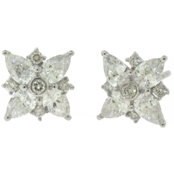 White Gold Pear and Round Diamond Flower Studs