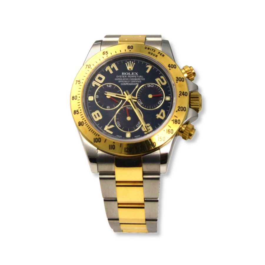 Yellow Gold and Silver Color Rolex 116523 watch with a blue dial