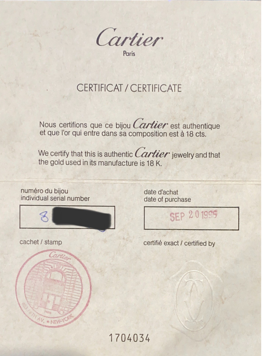 Cartier Certificate of Authenticity