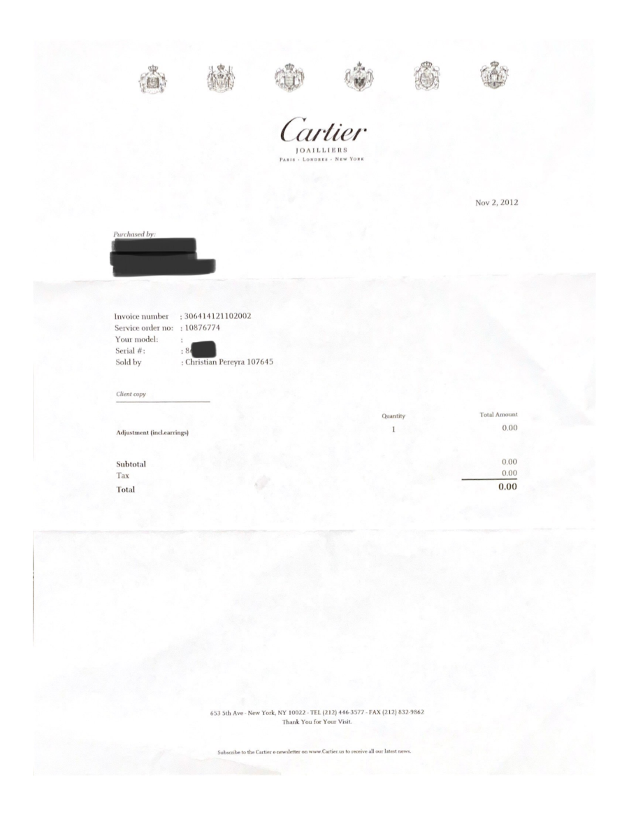 Cartier Service Receipt