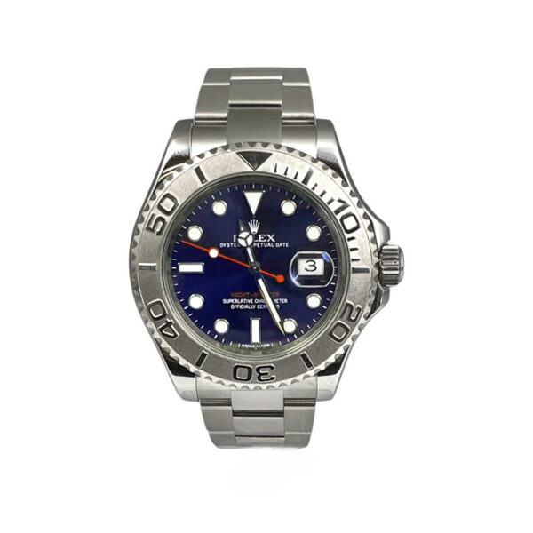silver colored Rolex 116622 watch with a blue dial
