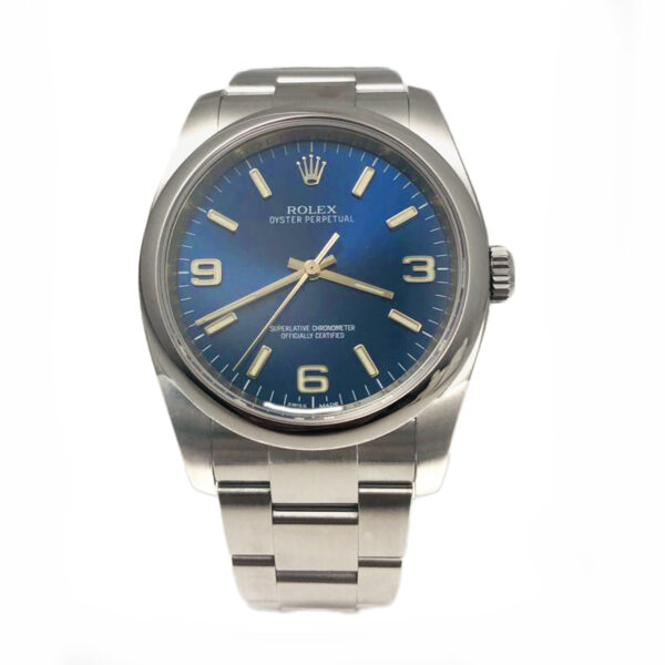 blue dial silver colored Rolex 116000