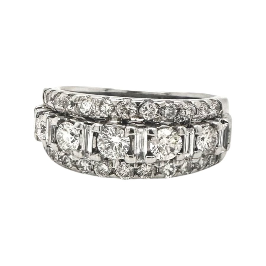 Three-Row Round & Baguette Diamond Ring in 14K White Gold