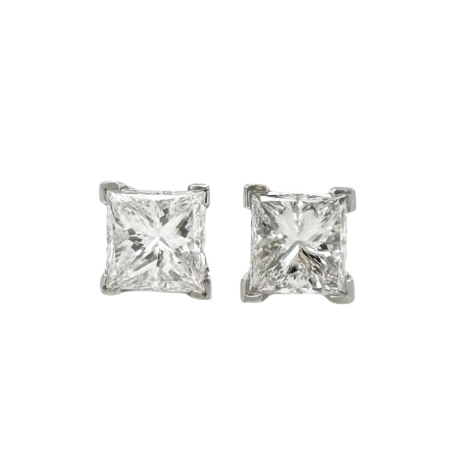 3.2 TCW Princess Cut Diamond Stud Earrings in 18k White Gold, 1.6ct each stud
